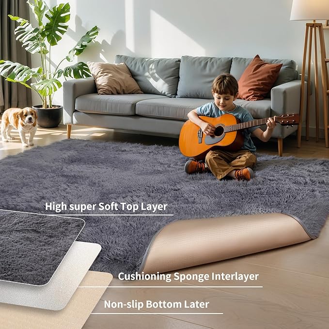 5x7 Thick Grey Shag Rug for Bedroom, Soft Plush Fluffy Carpet | Area Rug for Living Room, Kids Nursery, Boys Girls Room, Washable Non Slip Shaggy Carpet