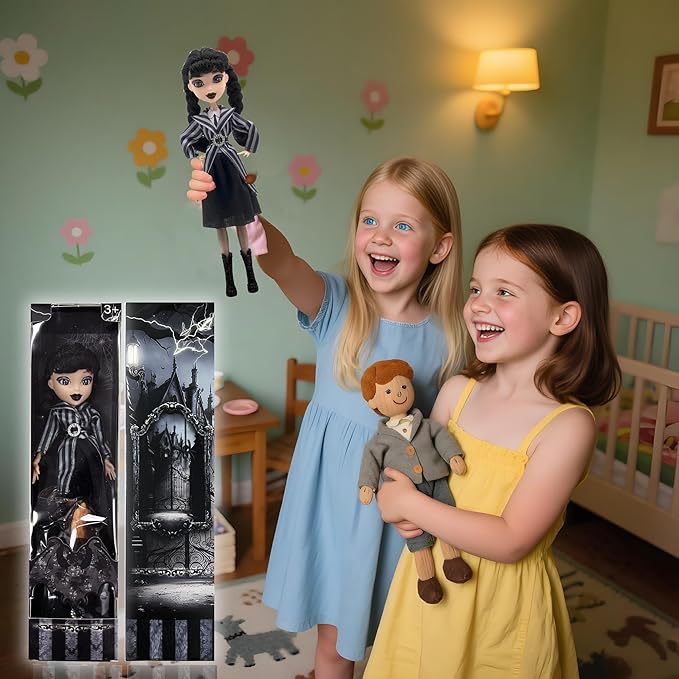 Dumwick 9'' Adams Doll with Gift Box, High Heels, Black Dress, and Hair, Perfect Christmas and Birthdays Toy Gift for Girls & Fans (Braces + Stripes)