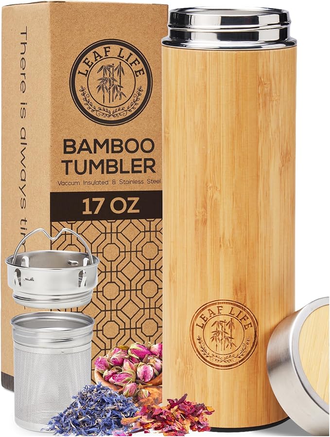 LeafLife Premium Bamboo Tea Bottle for Loose Tea - Tea Infuser Bottle - Tea Gifts - Insulated Water Bottle/Coffee Tumbler/Tea - Tea Gift Set, Tea Accessories - Tea Tumbler 17oz