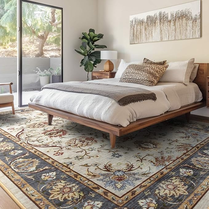 8x10 Ft Extra Large Washable Area Rugs for Living Room, Thin Floral Vintage Print Rug Non Slip Carpet for Bedroom Dining Room Kidsroom Home Decor (Beige Yellow)