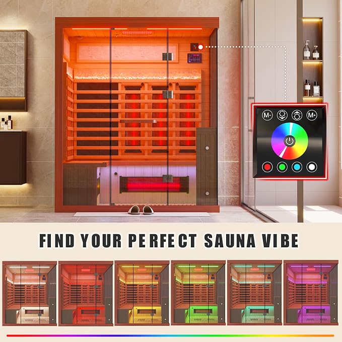 MEISSALIVVE Full Spectrum Infrared Sauna，3-4 Person Home Sauna， Red Cedar Luxury Indoor Spa Sauna with Resonance Speaker, Panoramic Tempered Glass Door