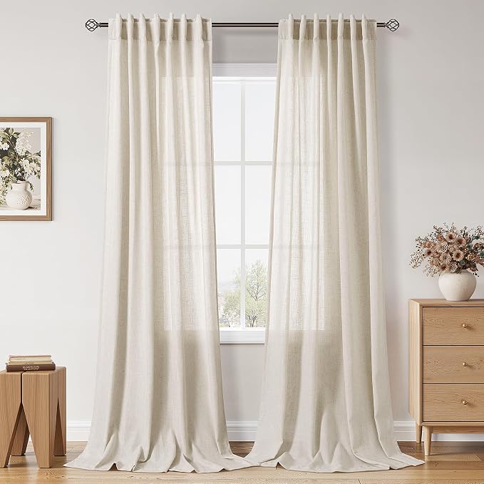 Nanspring Warm Beige Linen Curtains Semi Sheer 96 Inches Long 2 Panels Set for Living Room Back Tab Rod Pocket Light Filtering Drape for Bedroom Modern Farmhouse Coastal Decor Protect Privacy 52x96