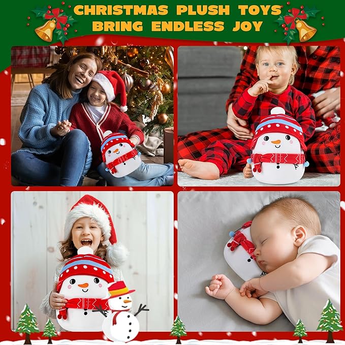 Christmas Snowman Plush Toy: 10-Inch Cute Winter Snowman Stuffed Animal with Red Christmas Hat and Scarf, Soft and Cuddly Plush Pillows Holiday Birthday Decoration Gifts for Kids Girls Boys