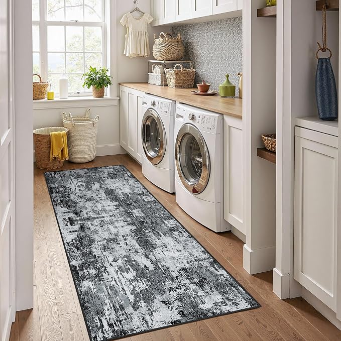 RELEANY Washable Runner 2'x6' Abstract Area Rug for Hallway Black White | carpet for kitchen, entryway, bathroom, living room, bedroom, printed pattern, non-slip, soft, stain-resistant, easy to clean