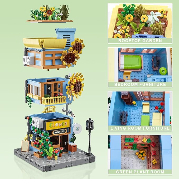 Flower House Building Set - Street View City Town Flower House Collection Kit - Home Decor Modular Building Block Kit for Adults and Teens (1580Pcs)