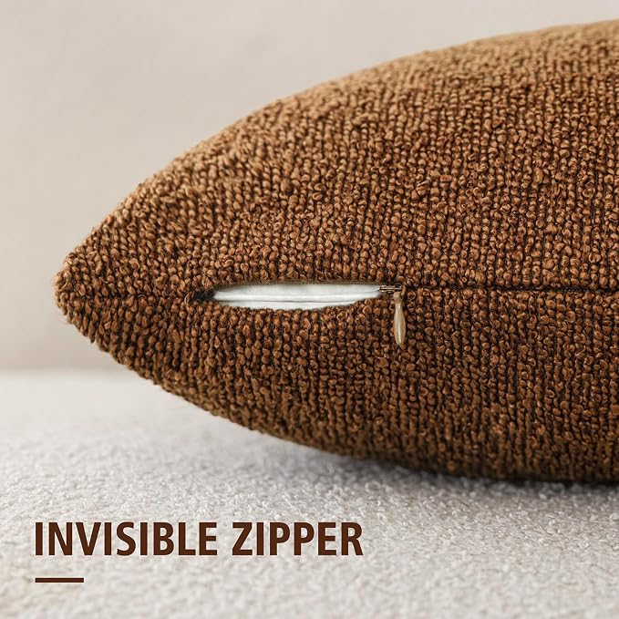 Foindtower Pack of 2 Modern Textured Boucle Throw Pillow Covers Accent Solid Decorative Pillow Cases Cozy Woven Couch Cushion Case for Chair Sofa Bedroom Living Room Home Decor 20x20 Inch Hazel Brown