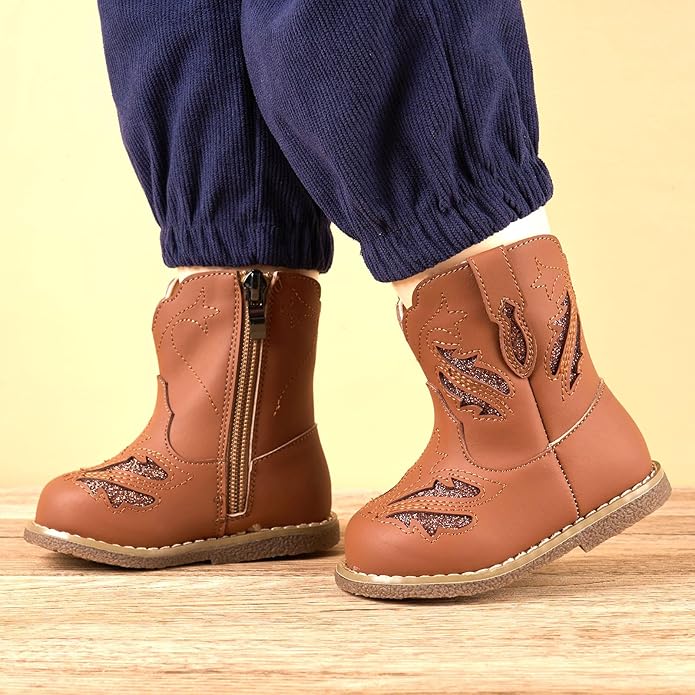 Newsonet Baby Cowboy Cowgirl Boots Infant Western Boots Toddler Boys Girls Round Toe Riding Mid Calf Boots All Seasons for 6 9 12 18 24 Months