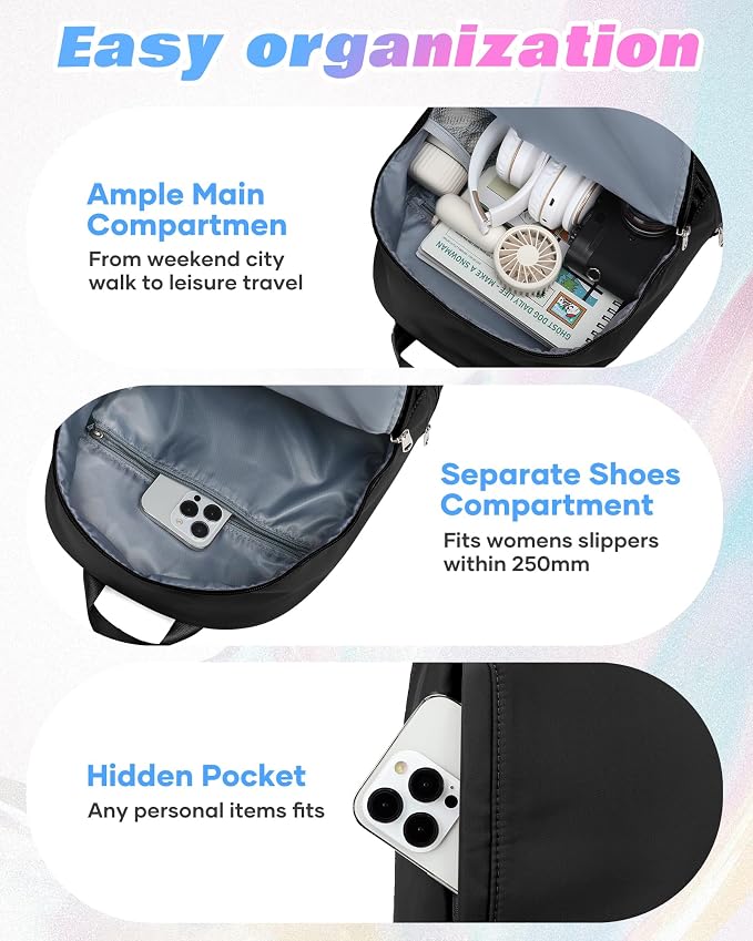 Small Gym Backpack for Women, Office-to-Gym Casual Daypack with Shoe Compartment, Lightweight Water Resistant Small-Size Bag, Clean Fit Style Work Backpack for Daily Use, Black