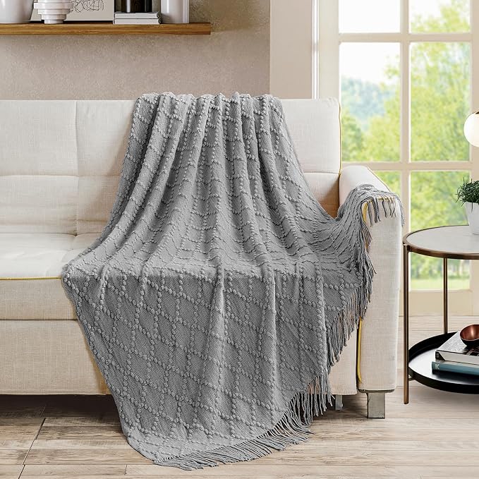 BOURINA Light Grey Throw Blanket 50 x70 Inch Jacquard Throw Knitted Blanket | Jacquard Argyle Throw Textured Solid Soft Throws and Blankets for Sofa or Bed Knitted Decorative Blanket