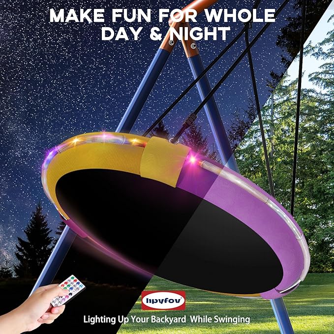 5-in-1 Kids Swing Sets for Backyard with Trampoline, 880lbs Heavy-Duty A-Frame Stand Metal Outdoor with 32 inch Saucer & Belt Swing, 55 inch Trampoline, Basketball Hoop, Led Light & Anchors