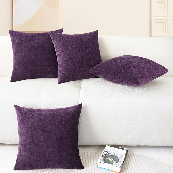 CaliTime Decorative Couch Throw Pillow Covers 18 X 18 Inches Plum Purple | Pack of 4, Cozy Chenille Cushion Cases for Sofa Bed Living Room Farmhouse Home