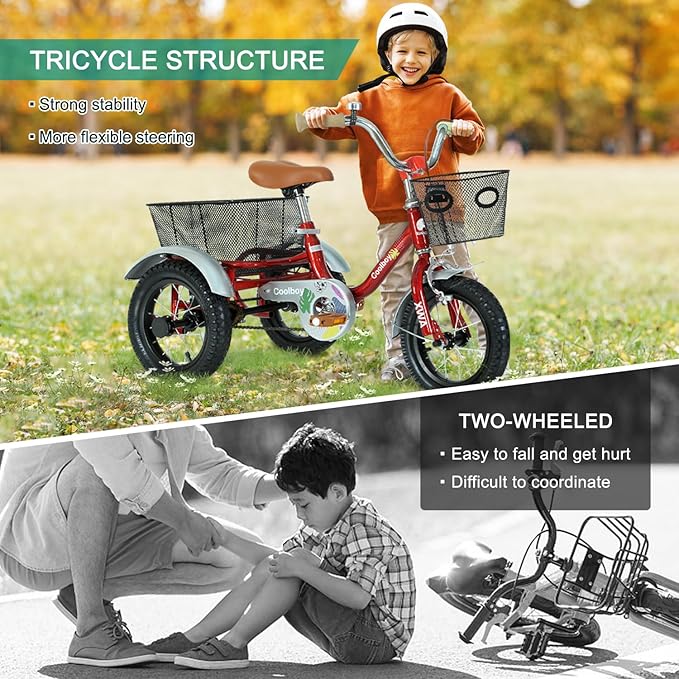 Kids Tricycle with Safety Features, Wide Anti-Skid Tires, Storage Basket, Soft Cushion Seat, Red