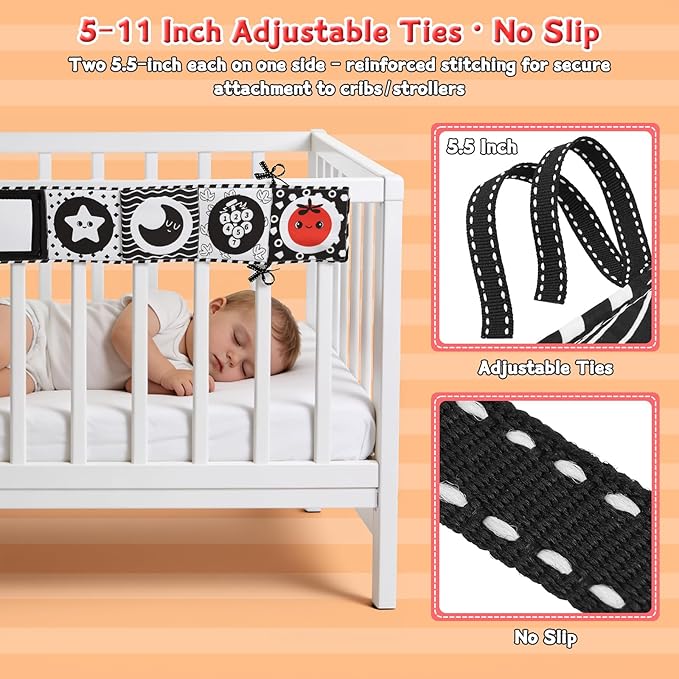 High Contrast Baby Toys for Newborn – Black White Tummy Time Mirror Toy, Crinkle Sensory Baby Book 0-6 Months for Newborns, Attach to Crib/Stroller/Car Seat