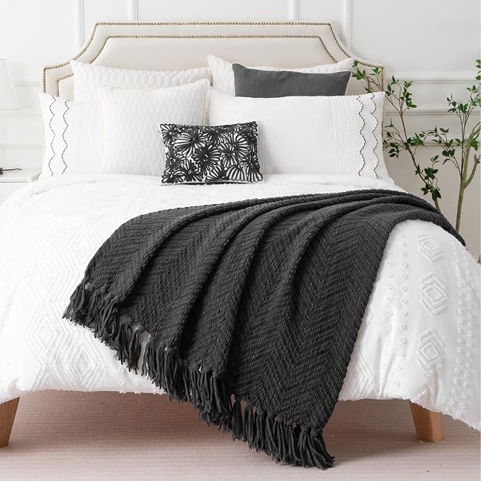 BATTILO HOME Dark Grey Throw Blanket for Couch, 60"x80" | Knit Charcoal Throw Blanket Versatile for Chair, Super Soft Warm Grey Blanket with Tassels for Bed, Sofa and Living Room