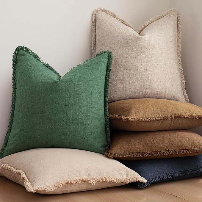 Foindtower Set of 2 Decorative Linen Fringe Throw Pillow Covers Cozy Boho Farmhouse Cushion Cover with Tassels Soft Accent Pillowcase for Couch Sofa Bed Living Room Home Decor, 16×16 Inch, Pine Green