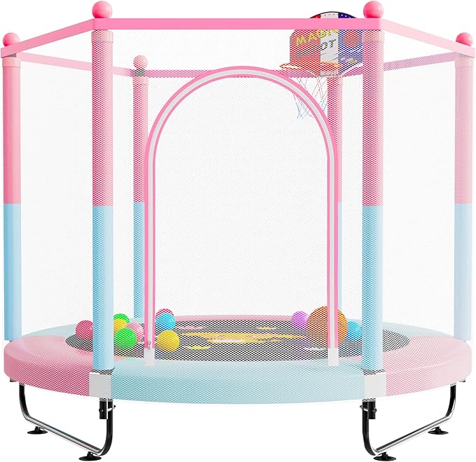 VGMiu 60" Trampoline for Kids, 5 FT Indoor & Outdoor Toddler Baby Trampoline with Basketball Hoop, Safety Enclosure, Birthday Gifts for Kids, Gifts for Boy and Girl, Age 3-8