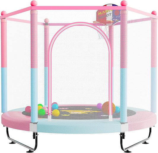 VGMiu 60" Trampoline for Kids, 5 FT Indoor & Outdoor Toddler Baby Trampoline with Basketball Hoop, Safety Enclosure, Birthday Gifts for Kids, Gifts for Boy and Girl, Age 3-8