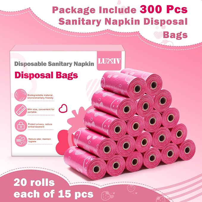 300P Sanitary Napkin Disposal Bags, Luxiv Disposable Sanitary Bags Rolls Personal Care Disposal Bag for Diapers, Tampons, Pad Period Bag Disposal Feminine Hygiene Products Bags with Scent (Pink)