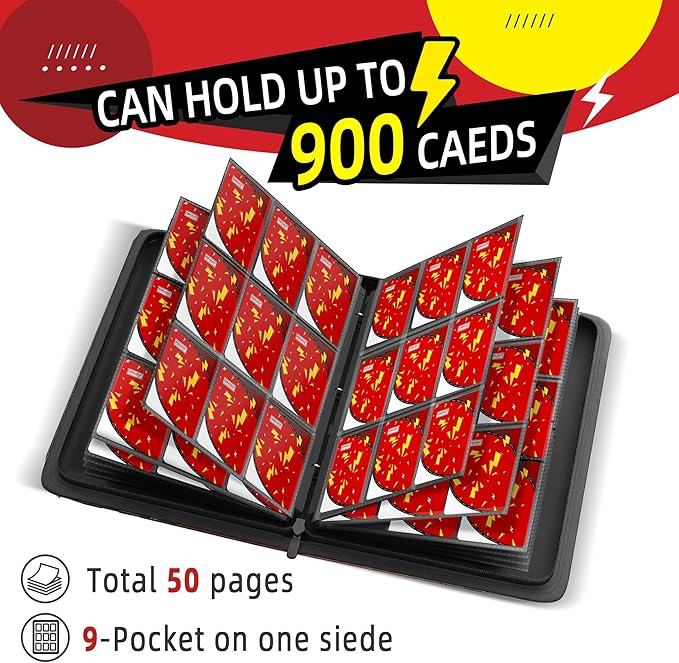 Trading Card Binder 9 Pocket,900 Pocket Card Collection Binder with 50 Removable Sleeves,PU Waterproof Top Card Book,3-Ring Zipper Collectible Trading Card Album for MTG/TCG/Card Holder Gift（Red）