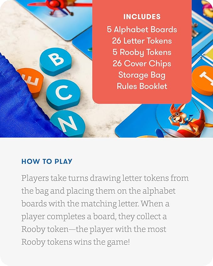 SimplyFun Rooby’s ABC’s - Pre-K Alphabet Game - Letter Recognition Game for Kids - Learn Both Uppercase and Lowercase Letters - 1 to 4 Players, Ages 3 & Up
