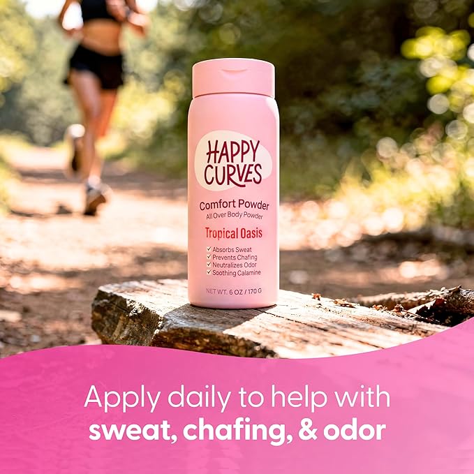 HAPPY CURVES Comfort Powder: Talc Free Anti Chafe Body & Foot Dusting Powder Deodorant to Control Inner Thigh Chafing, and Private Areas 6oz (Pack of 1) - Tropical Oasis