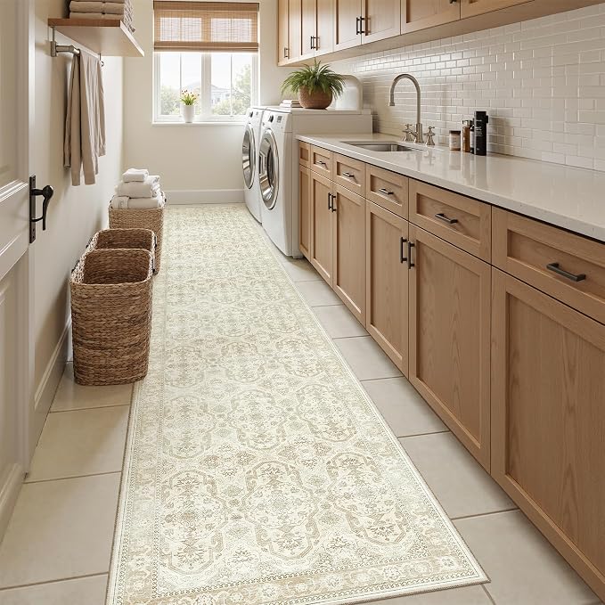 Soalmost Runner Rug 2x12 Washable Hallway Kitchen Runners Beige/Brown | Non-Slip Vintage Rugs for Bathroom Laundry Room, Soft Low Pile Foldable Floor Carpet Mat for Entryway Corridor Bedroom