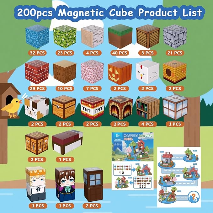 200PCS Magnetic Building Blocks for Kids, Magnet Cubes STEM Educational Magnet Stacking Toys for Age 3-5 4-8 8-12, Sensory Play Montessori Toys for Boys and Girls, Creative Construction Forest River