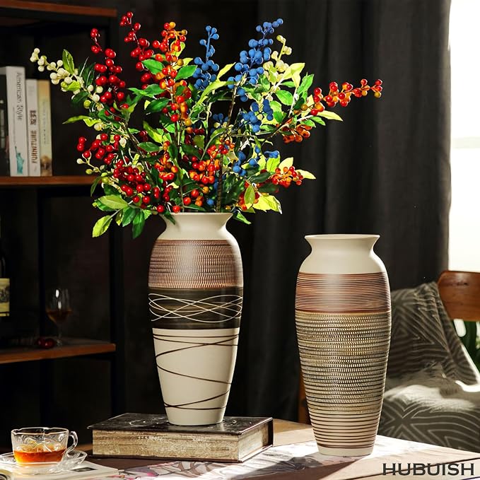 12.6" Tall Vintage Ceramic Rustic Farmhouse Vase (Half Skipcut Brown) | Large Boho Textured Flower Vases for Home Decor, Living Room, Table, Mantel, Shelf