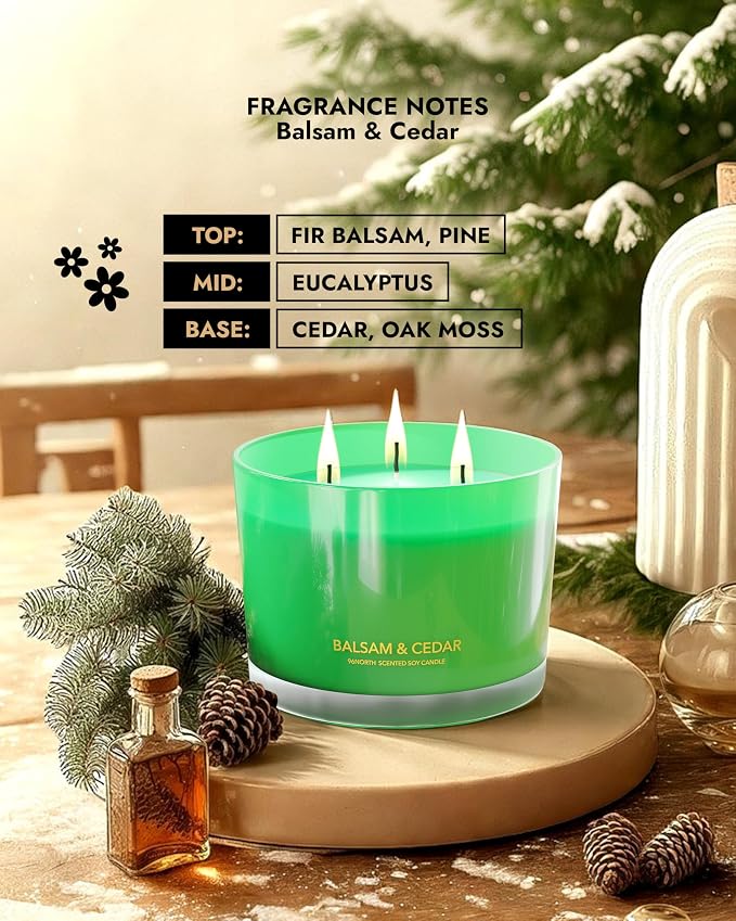 96NORTH Luxury Candle Balsam & Cedar Scented | Large 3-Wick Jar Candle | Up to 40 Hours Burning Time | 100% Natural Soy Wax | Ideal Christmas Candles Gift