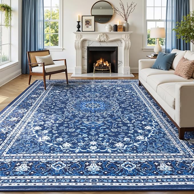 9x12 Area Rugs for Living Room, Washable Non-Slip Rug, Oriental Dark Blue | Area Rugs for Bedroom, Low Pile Large Carpets for Dining Room, Office, Indoor, Stain Resistant Vintage Oriental Print Rug