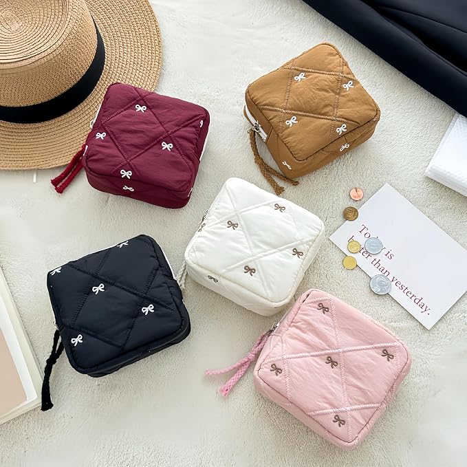 Small Makeup Bag | Discreet Period Bag Pad Pouch for Purse| Sanitary Napkin Storage & Tampon Holder for Travel (Quilted bow pink)