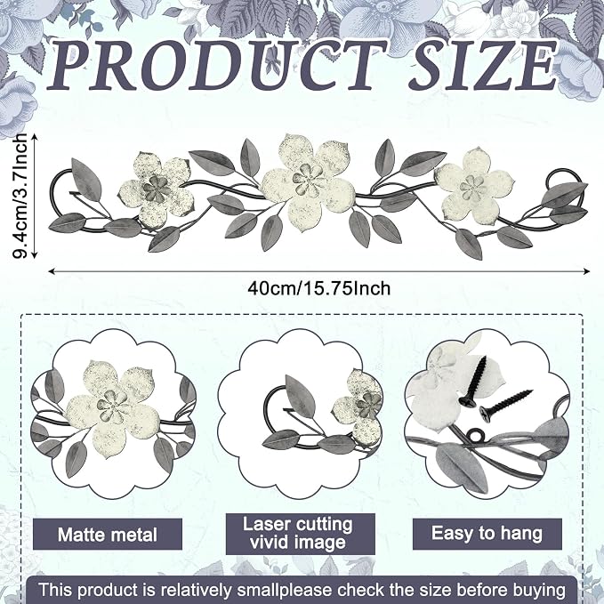 Wesiti Metal Flower Wall Decor Vintage Metal Flower Wrought Iron Scroll Sculpture 15.7''x3.7'' Not 3D, Flat Farmhouse Leaf Wall Decor with Nails for Summer Bedroom Kitchen Indoor Outdoor(White)