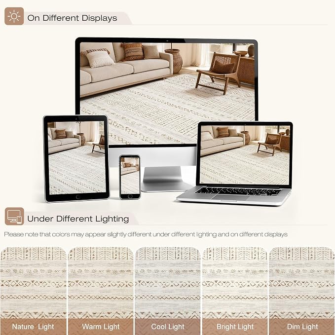 cotiled 10x12 Area Rugs Living Room Rug: Washable Boho Rugs with Non Slip Backing Large Soft Indoor Stain Resistant Carpet for Bedroom Farmhouse Dining Room Lightweight Home Decor Brown/Cream