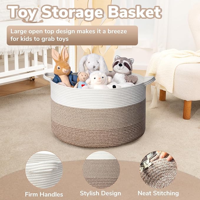 Goodpick Large Woven Basket for Blankets, Nursery & Living Room Decor, 85L | 21.7 x 21.7 x 13.8 In Baby Toy Storage Basket for Nursery, Blanket Basket for Living Room, Toy Bin, Light & Brown