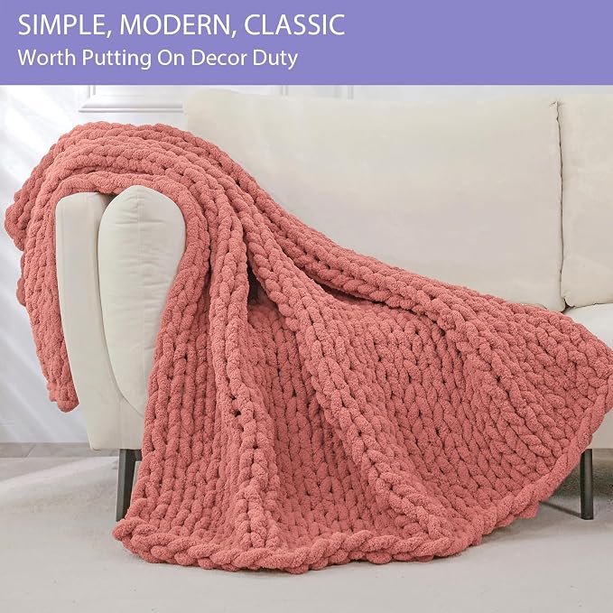 Bigacogo Chunky Knit Throw Blanket for Couch, 51x63 inches, Antique Red | Hand Knit with Jumbo Chenille, Soft Breathable Cable Knit for Sofa Bed Living Room, Machine Washable, Gift for Mom Friend