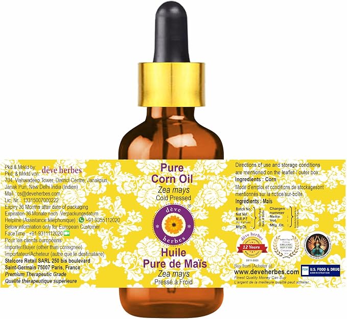 Deve Herbes Pure Corn Oil (Zea mays) with Glass Dropper Natural Therapeutic Grade Cold Pressed 50ml (1.69 oz)