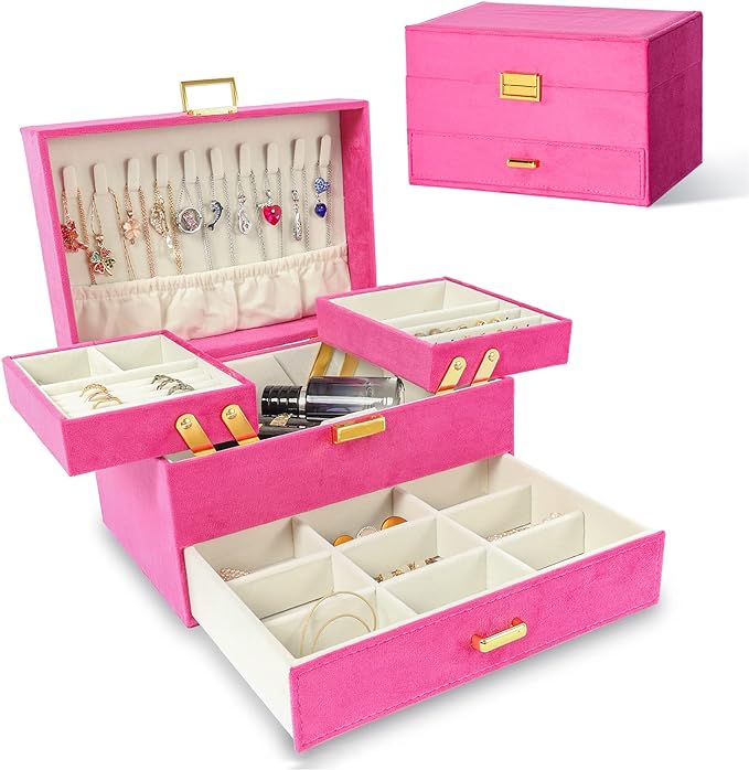 Jewelry Organizer Box, Large Jewelry Boxes for Women Girls, Space-Saving 3 Layers Jewelry Storage Case with Drawer, Gift Idea for Christmas, Valentine's Day, Birthday, Mother's Day (Red)