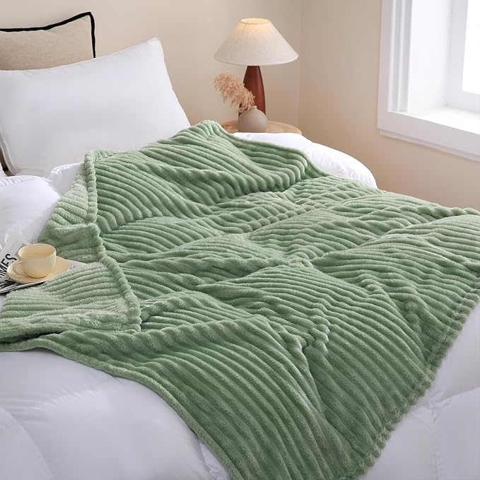 Sage Green Fleece Throw Blanket 50”×70” for Couch Sofa Livingroom | Super Soft Cozy Plush Microfiber Flannel Bed Blanket Striped Design Lightweight Home Decor Gifts for Adults Mom Women