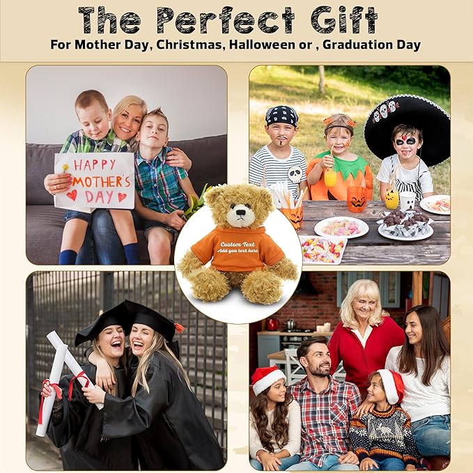 Customized Beige Brandon Bear - 12 inch Personalized Stuffed Bear Plush Toy - Perfect Custom Shirt Bear Gift for Graduation Valentines Graduation Easter Holidays (Orange Shirt)