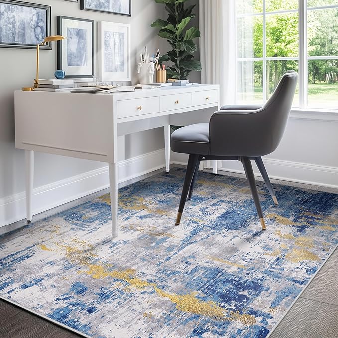 RELEANY Washable 4'x5' Abstract Area Rug for Living Room Blue Gold | carpet for bedroom, kitchen, office, hallway and entryway, printed pattern, non-slip, soft, stain-resistant, easy to clean