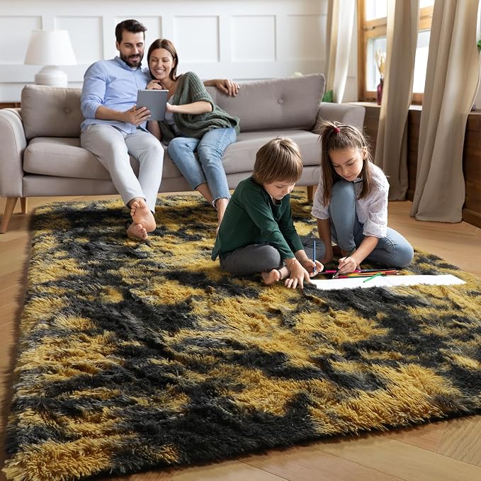 PAGISOFE 4x6 Black and Yellow Bedroom Rugs, Fluffy Modern Living Room Area Rug, Fuzzy Shaggy Carpet, Indoor Plush Rugs for Kids Room Furry Floor Rug for Boys Room Decor Carpet for Teen Dorm Nursery