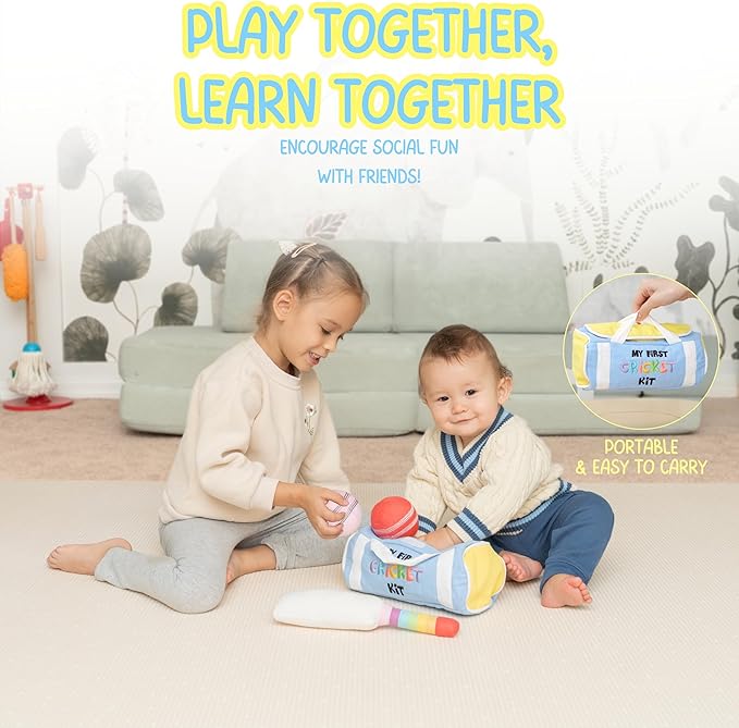 My First Cricket Kit | Cotton Soft Plush Toy | Gift Baby and Infant 0+ Months | 3 Soft Sensory Cricket Balls – Rattle, Crinkle, Squeaker & 1 Rainbow Rattle Cricket Bat | Safe, Fun, Educational