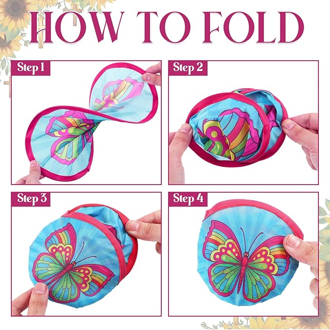 Gejoy 24 Pcs Colorful Butterflies Foldable Fan Style Summer Butterflies Handheld Round Folding Flying Disc for Women Man Daily Use Festival Wedding Party Favors Decorations Portable, 8 Style