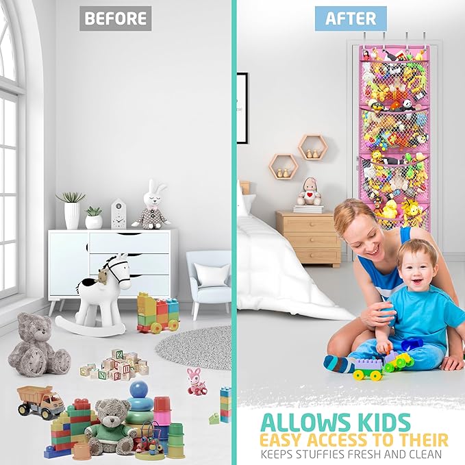 Honeyera Storage for Stuffed Animals - Over Door Organizer for Stuffies, Baby Accessories, and Toy Plush/Easy Installation with Breathable Hanging Storage Pockets Big Girls Chair Toddler Large Bag