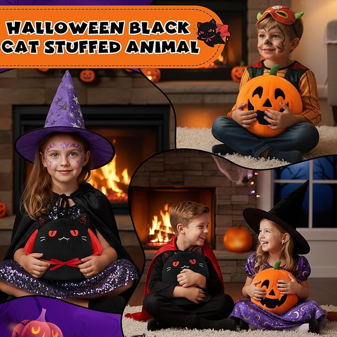Halloween Pumpkin Plush Toy, Reversible Vampire Black Cat Stuffed Animal with Red Cloak, Cute Halloween Plushies Gift and Party Decoration for Boys Girls 10 Inch