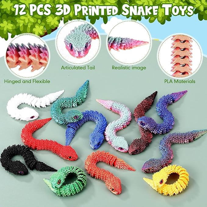 Honoson 12 Pcs 3D Printed Fidget Toy 3D Printed Snakes Small Animal Toy Flexible Cute Articulating Pet Stress Relief Fidget Toys for Play and Display(13cm)