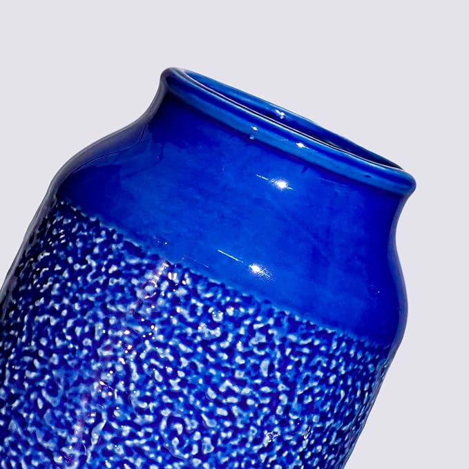 Blue Ceramic Flower Vase - 9 Inch Decorative Vase for Pampas Grass, Modern Texture Vase for Decor, Fireplace, Bathroom, Table, Shelf, Living Room, Kitchen Decor