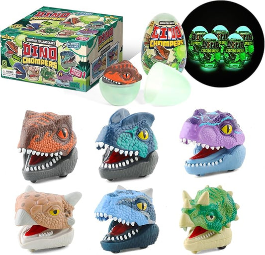 DINOBROS Dinosaur Surprise Egg Toys – 6 Pack Dino Eggs with Pull Back Cars and Chomping Action – Dinosaur Figures Easter Eggs for Kids 3-7, Perfect Easter Basket Stuffers