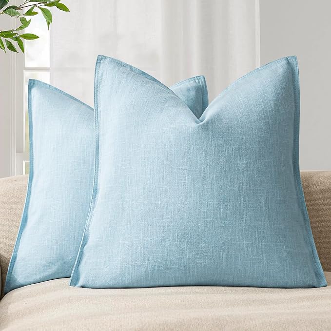 Foindtower Pack of 2, Decorative Linen Solid Throw Pillow Covers Soft Accent Euro Cushion Case Farmhouse Neutral Pillowcase for Chair Couch Sofa Bedroom Living Room Home Decor 18 x 18 Inch Light Blue
