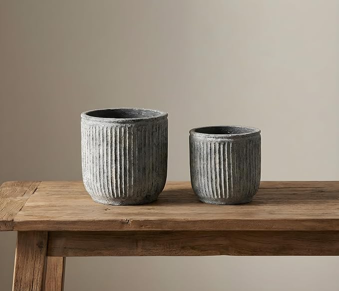 Etrus Small 6.4" Ceramic Vase – Handcrafted Vertical Ribbed Distressed Concrete Finish, 7" Wide – Indoor & Outdoor Modern Décor for Shelf, Desk & Table